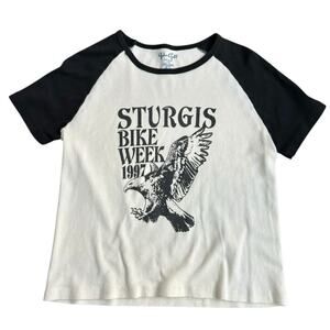 John Galt Women's White Black Sturgis Eagle Week Cropped Baseball Top Size small